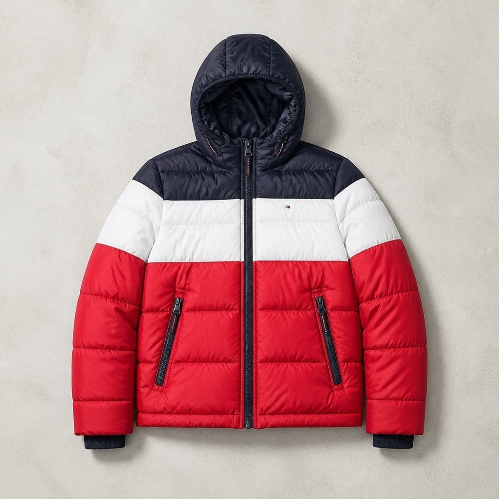 Tommy Hilfiger Navy Red White Colorblock Hooded Puffer Jacket Men Full Zip XL